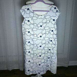 MADE IN ITALY Short Sleeve Scoop Neck White w/Navy Embroidered Design Dress L